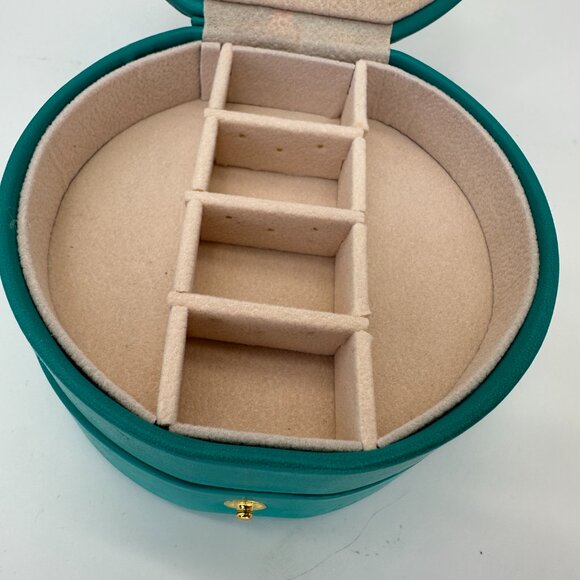 NEW Turquoise Round Travel Jewelry Box Organizer w/ Mirror & Snap Closure - Picture 5 of 7